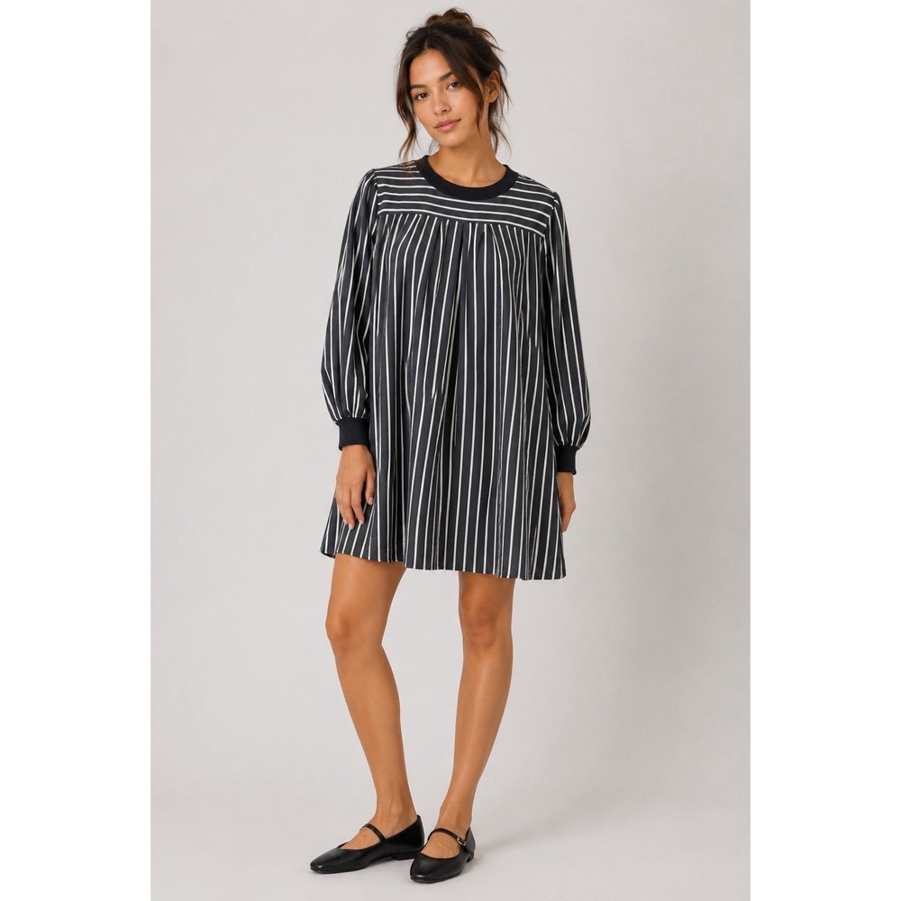 LDT‎ Striped Balloon Sleeve Tunic Dress Gray White Modest Chic Oversized 12